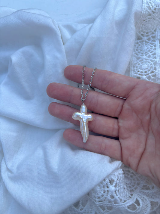 Large Pearl Cross Necklace