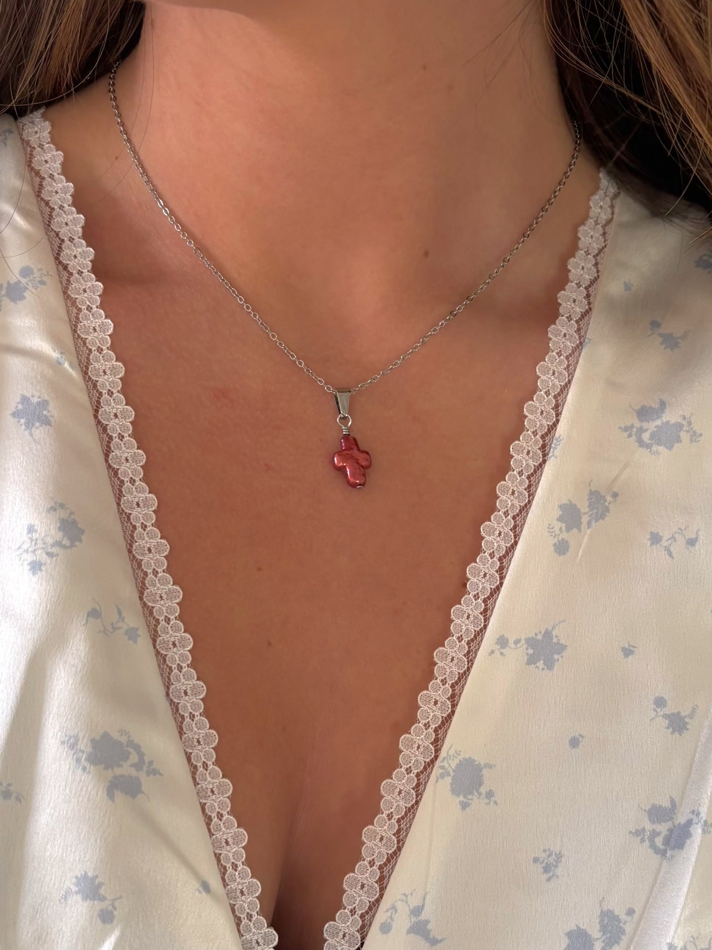 Pink Pearl Cross Necklace