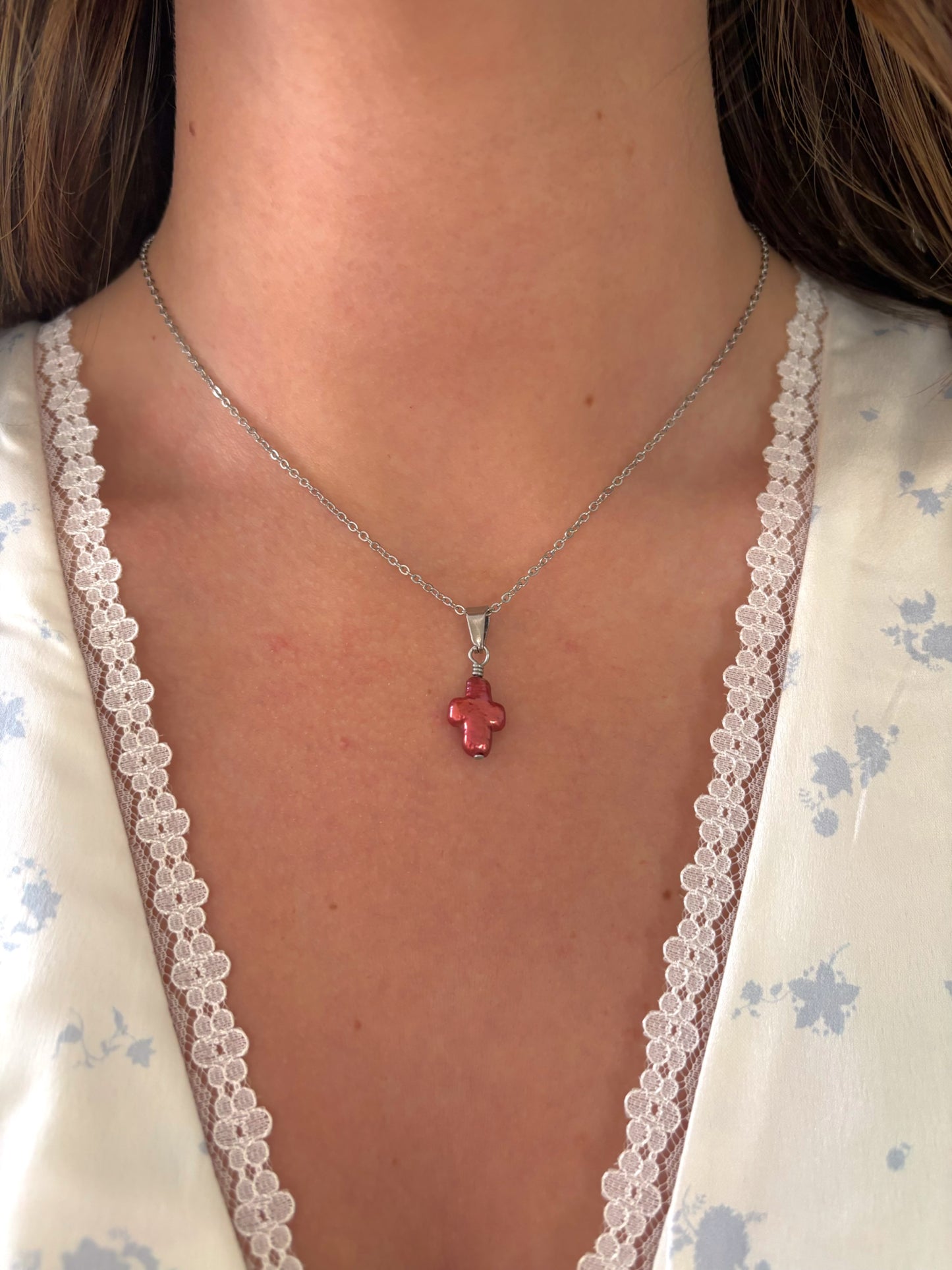 Pink Pearl Cross Necklace
