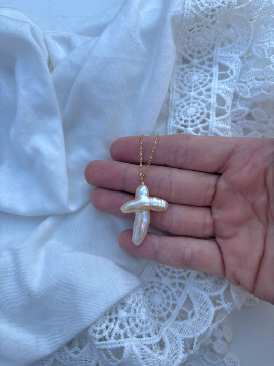 Large Pearl Cross Necklace