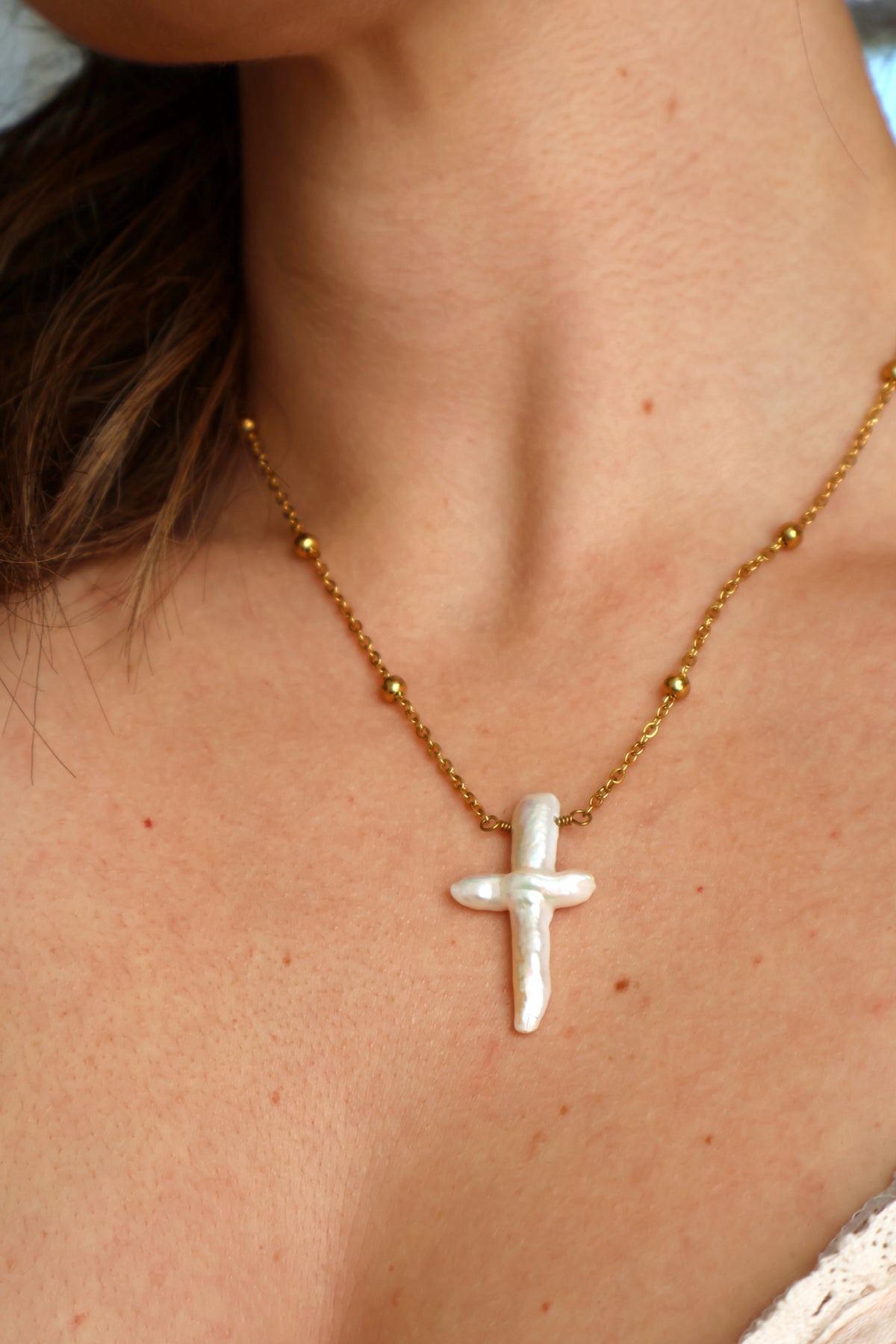 Large Pearl Cross Necklace