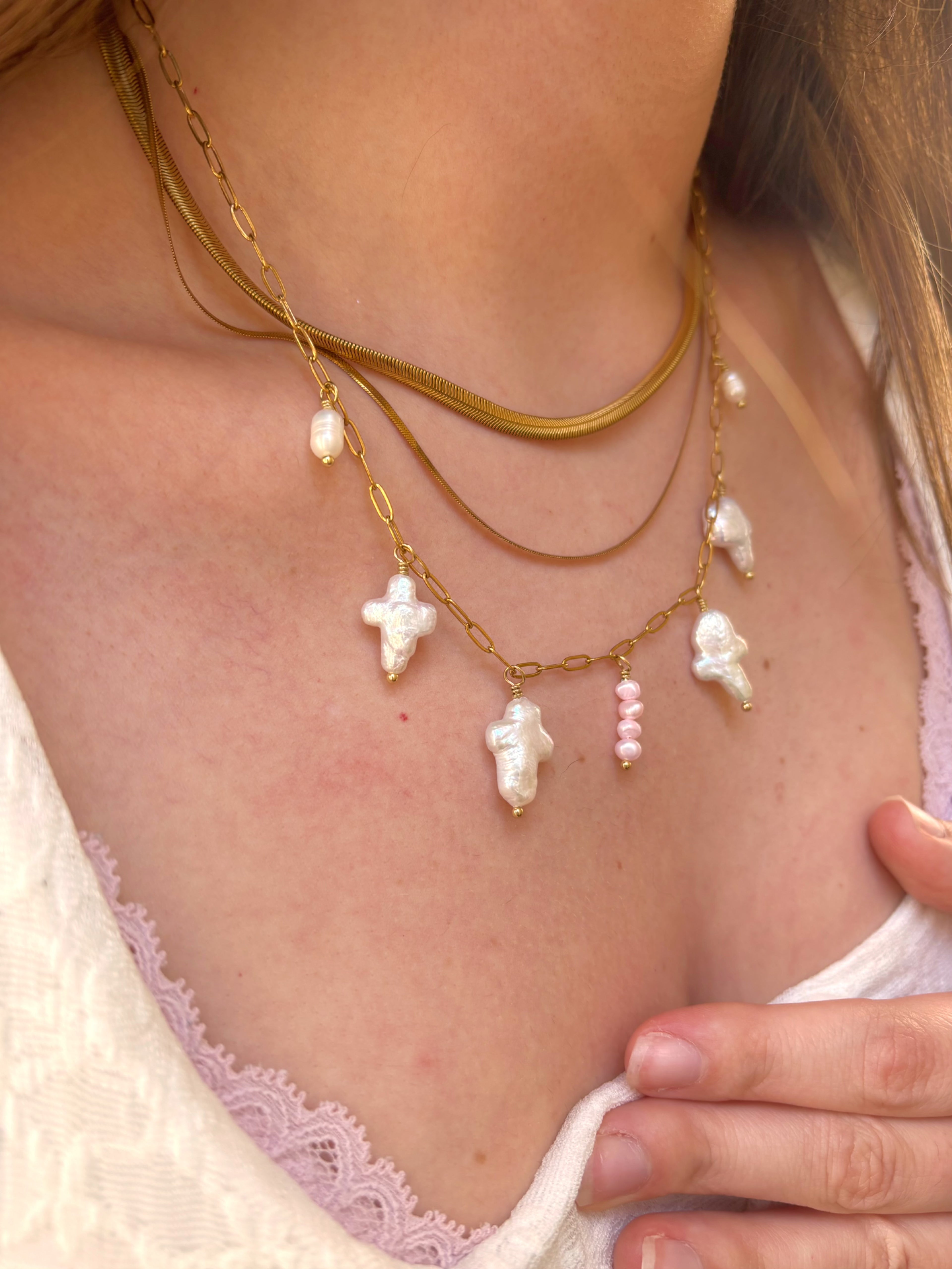 Pearl Cross Charm Necklace
