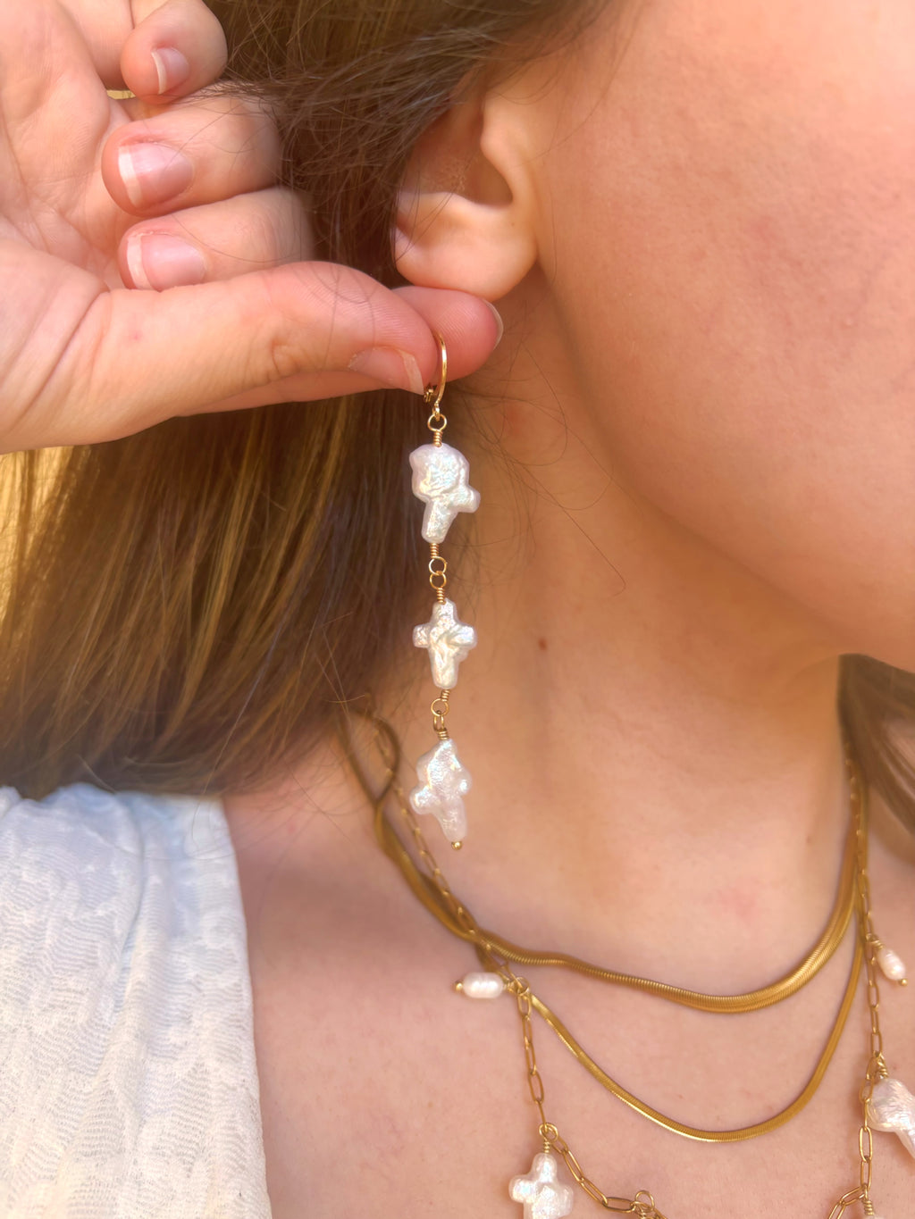Pearl Cross Drop Huggies